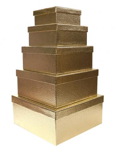 Набор из пяти квадратных блестящих подарочных золотых коробок, размер 35*35*16 см.