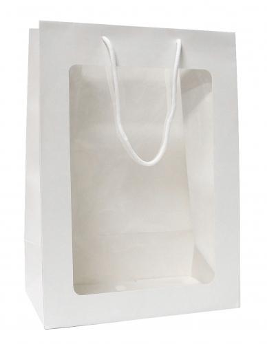 Бумажные подарочные пакеты из белой матовой бумаги с прозрачным окном, серия "Окошко", размер 25*35*15 см.