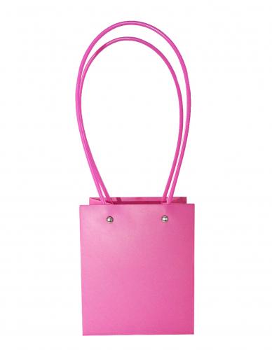 Бумажный пакет ярко-розового цвета с цветными ручками для букетов, размер 12,5см*13см х высота 15см