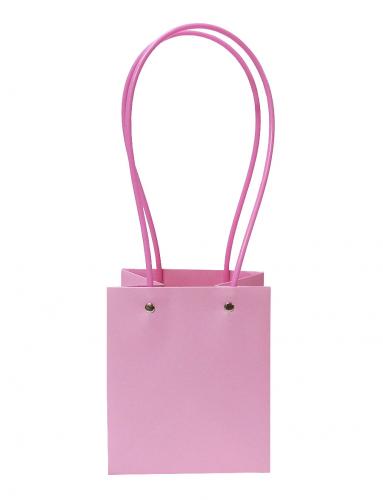 Бумажный пакет розового цвета с цветными ручками для букетов, размер 12,5см*13см х высота 15см