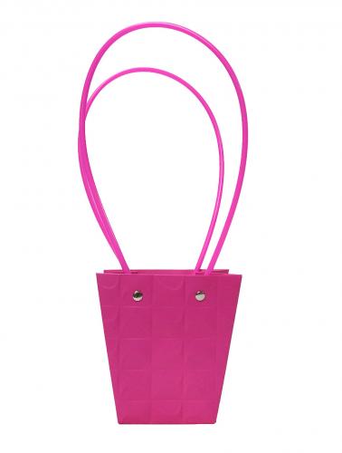 Бумажный фактурный пакет-трапеция ярко-розового цвета с цветными ручками для букетов, размер 8*8см (12*12см) х высота 12,5см.