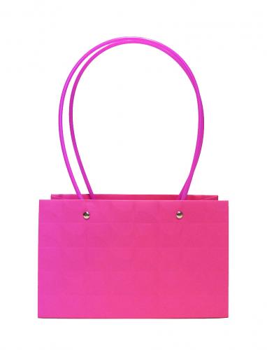 Бумажный фактурный пакет ярко-розового цвета с цветными ручками для букетов, размер 22см*10,5см х высота 13,5см.