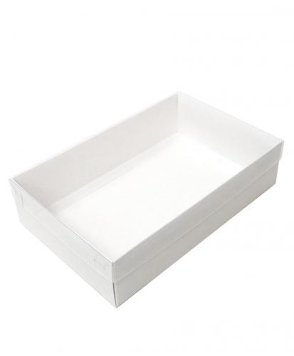 Коробка прямоугольная самосборная белая с прозрачной пластиковой крышкой, размер 29*22*6 см.