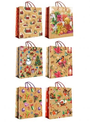 Новогодние подарочные пакеты-сумки, серия "Новогодний крафт", размер 26*32*12