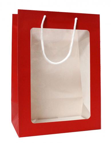 Бумажные подарочные пакеты из красной матовой бумаги с прозрачным окном, серия "Окошко", размер 25*35*15 см.
