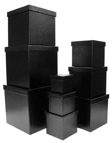 Набор из десяти чёрных квадратных подарочных коробок, отделка фактурной перламутровой бумагой, размер 24*24*24 см.