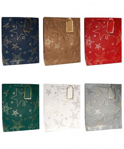 Бумажные однотонные подарочные пакеты-сумки люкс с металлизированным тиснением, серия "Фактурные звёзды", размер 31*42*12 см.