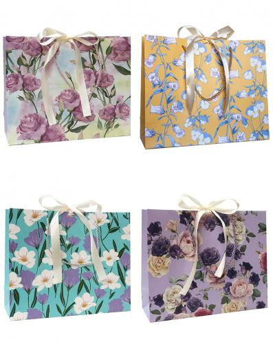Горизонтальные бумажные подарочные пакеты из плотной матовой бумаги с рисунком и лентами, серия "Весенние цветы", размер 43*32*14 см.
