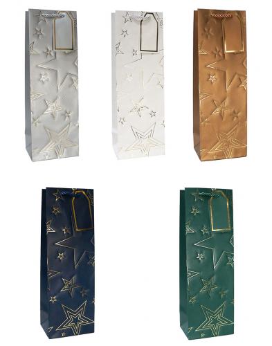 Бумажные однотонные подарочные пакеты-сумки люкс с металлизированным тиснением, серия "Фактурные звёзды", размер 36*12*10 см.