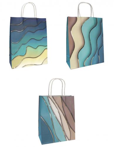 Подарочные бумажные пакеты-сумки с бумажной ручкой и тиснением, серия "Бирюзовая волна", размер 24,5*31*10,5 см.