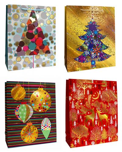Новогодние подарочные пакеты-сумки, серия "Яркие узоры", размер 18*23*8