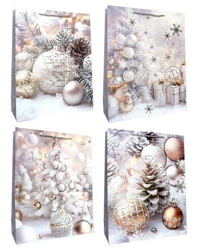 Бумажные новогодние подарочные пакеты из плотной матовой бумаги с серебряным тиснением, серия "Украшения блеск", размер 30*40*12 см.