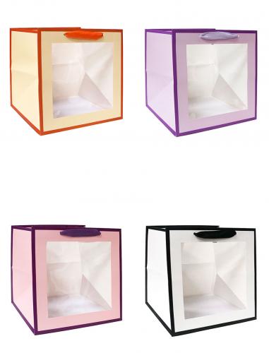 Бумажные подарочные пакеты из матовой бумаги с прозрачным окошком, серия "Квадрат с окном", размер 25*25*25 см.