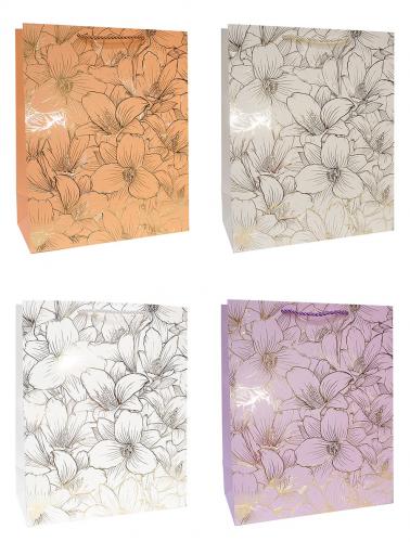 Бумажные подарочные однотонные пакеты-сумки с рисунком тиснением, серия "Золотые цветы", размер 31*42*12 см.