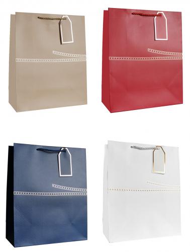 Бумажные подарочные однотонные фактурные пакеты-сумки с золотым тиснением, серия "Элеганс", размер 26*32*12 см.