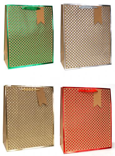 Бумажные подарочные пакеты-сумки крафт с цветным металлизированным тиснением, серия "Пуговки", размер 26*32*12 см.