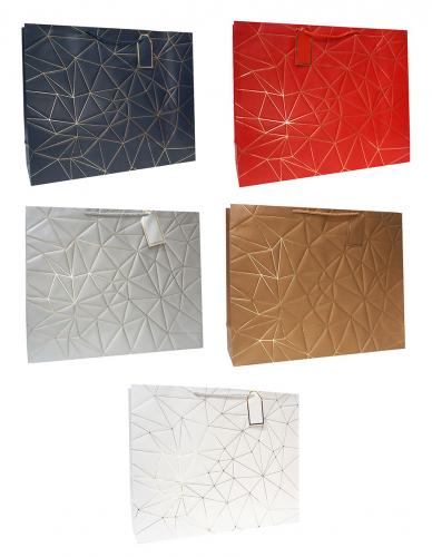 Бумажные подарочные однотонные горизонтальные пакеты-сумки с золотым тиснением, серия "Золотая паутинка", размер 50*40*15 см.