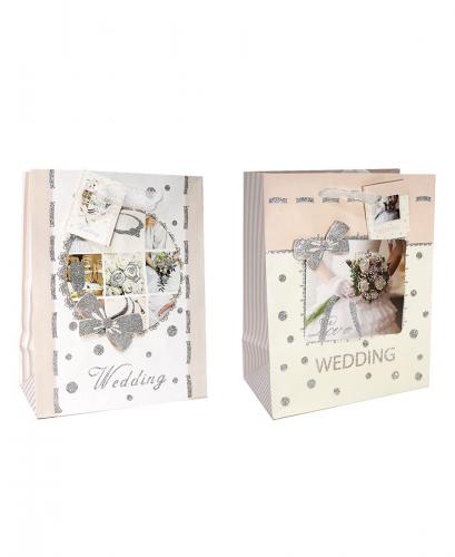 Бумажные подарочные пакеты с блёстками, серия "Свадьба", размер 26*34*10