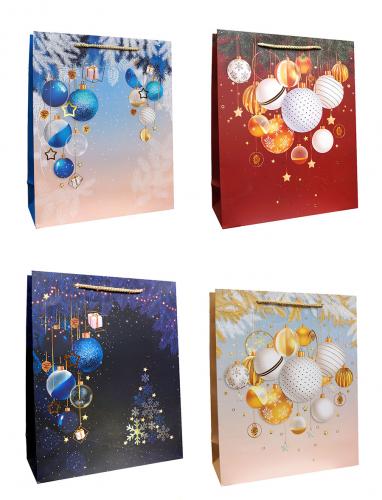 Новогодние бумажные подарочные пакеты-сумки, серия "Новогодние шары", размер 18*23*8