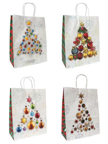 Новогодние подарочные крафт пакеты-сумки с бумажной ручкой, серия "Ёлочки на белом фоне", размер 18*25,5*9,5 см.