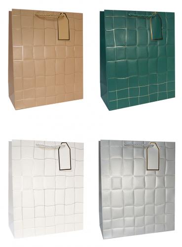 Бумажные подарочные однотонные пакеты-сумки с золотым тиснением, серия "Рельефная сеточка", размер 26*32*12 см.