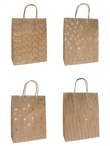 Подарочные бумажные бежевые пакеты-сумки с бумажной ручкой, серия "Золотые цветочки", размер 18*23*10 см.