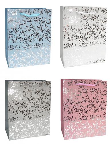 Бумажные подарочные пакеты с серебряным тиснением, серия "Серебряный узор", размер 26*32*12 см.