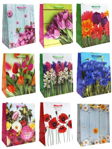 Бумажные подарочные пакеты, серия "Цветы классика", размер 18*23*10