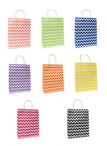 Цветные подарочные бумажные пакеты-сумки с бумажной ручкой, серия "Зигзаг", размер 21*27*11 см.