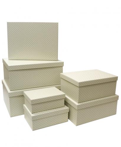 Набор из семи прямоугольных подарочных коробок, отделка матовой бумагой с рисунком "Мелкий горошек на серо-бежевом фоне", размер 35*27*16 см.