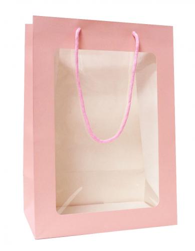 Бумажные подарочные пакеты из розовой матовой бумаги с прозрачным окном, серия "Окошко", размер 25*35*15 см.