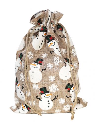 Мешочки новогодние из ткани "лён" с перламутровым блеском и рисунком "Снеговики" на завязках, размер 20см. х 30см.