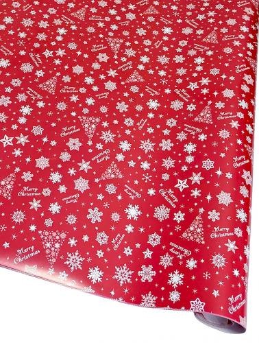 Новогодняя подарочная дизайнерская бумага в листах 70см х 100см с рисунком "снежинки на красном фоне".