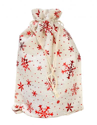 Мешочки новогодние из ткани "лён" с тиснением "Снежинки" на завязках, размер 13см. х 18см.
