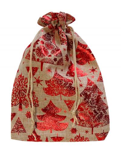 Мешочки Новогодние из ткани "лён" с тиснением на завязках, размер 13см х 18см