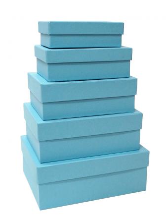 Набор из пяти прямоугольных подарочных коробок голубого цвета, отделкаматовой однотонной бумагой, размер 21*16*8 см.